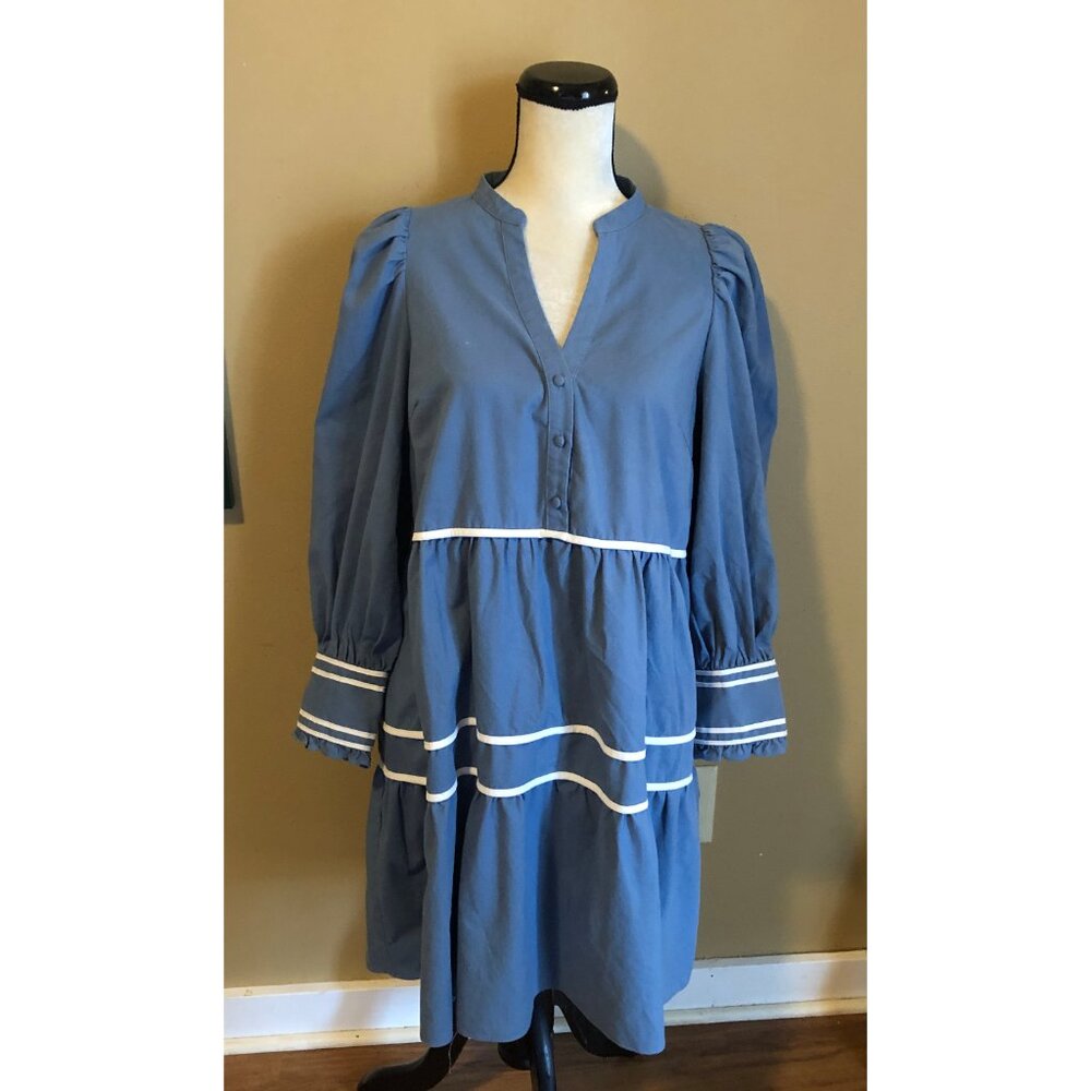 Pomander Place Tuckernuck blue white tiered linen blend dress - Picture 3 of 6